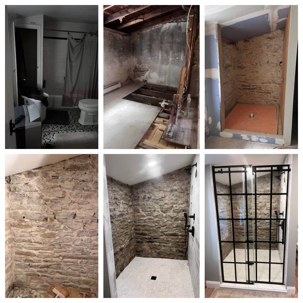 Second-floor master bathroom before and after: original tub/shower demoed and rebuilt as a walk-in shower with exposed stone walls and black-frame glass doors
