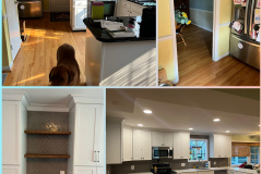 Before-and-after kitchen remodel collage with white cabinets and new layout